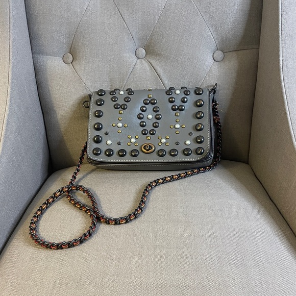 Coach Grey Leather Rivet Studs Crossbody Purse